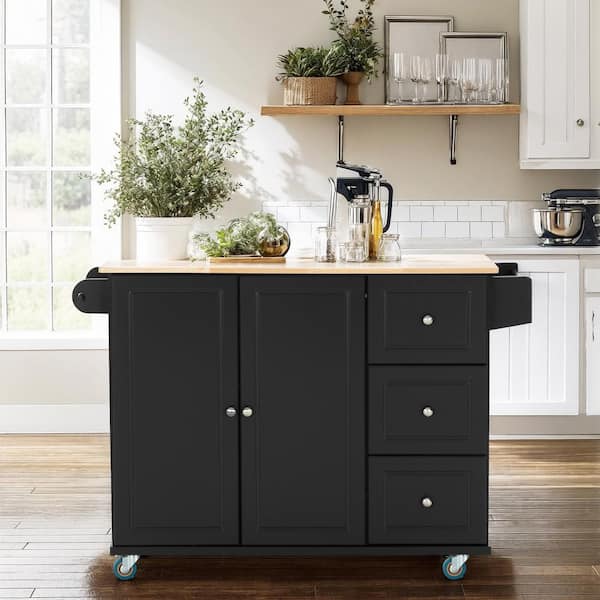 PHI VILLA Black Rolling Kitchen Cart Utility Storage Cabinet With Natural Wood Top & Wheels