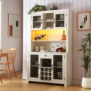 Farmhouse Coffee Bar Cabinet with LED Lights and Outlets, Buffet Cabinet with Wine Bottle and Wine Glass Rack