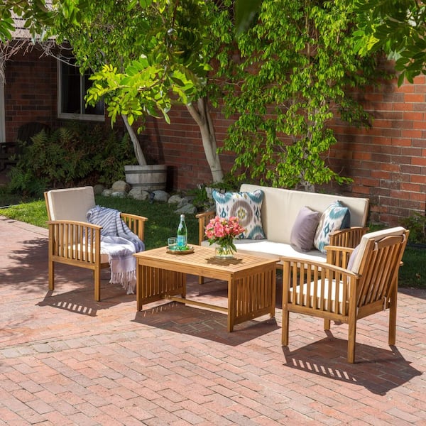 Cesicia Brown 4-Piece Wood Patio Conversation Set with Beige Cushions