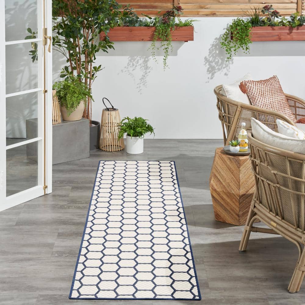 Navy and White Geometric Flat Woven Reversible Runner Rug