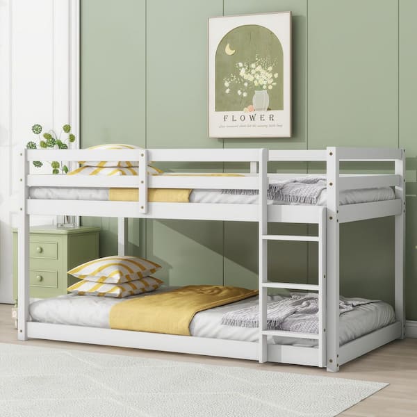 Alina White Twin Over Twin Bunk Bed with Ladder and Guardrails