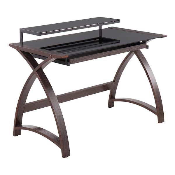 Lumisource Bentley 43 in. Dark Grey Wood and Black Glass Computer Desk with Pull-Out Drawer