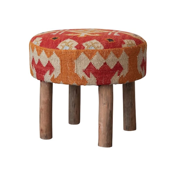 Storied Home Multi Color & Natural Wood Stool with Cotton & Wool Kilim Upholstered Seat
