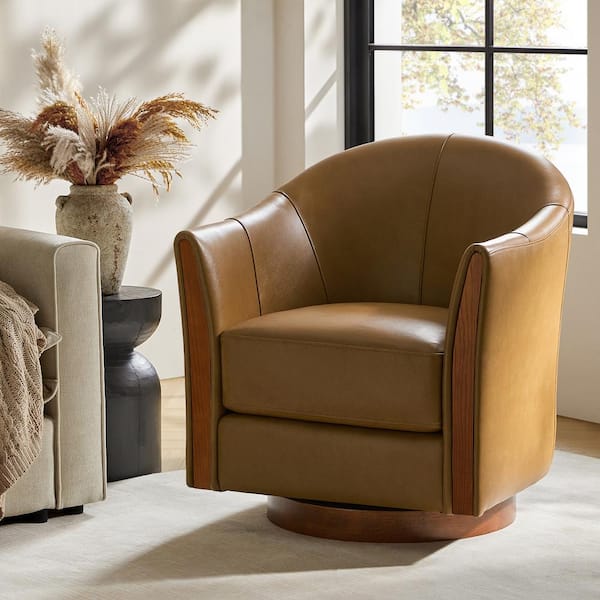 Cristina Camel 29 in. W Transitional Genuine Leather Swivel Barrel Arm Chair with Solid Wood Base