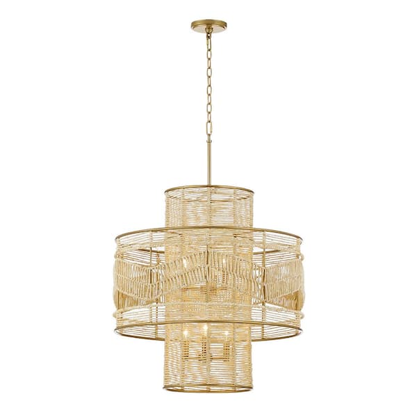 KAWOTI 6-Light Painted Gold Oversize 2-Tiered Chandelier Light with Rattan Shade