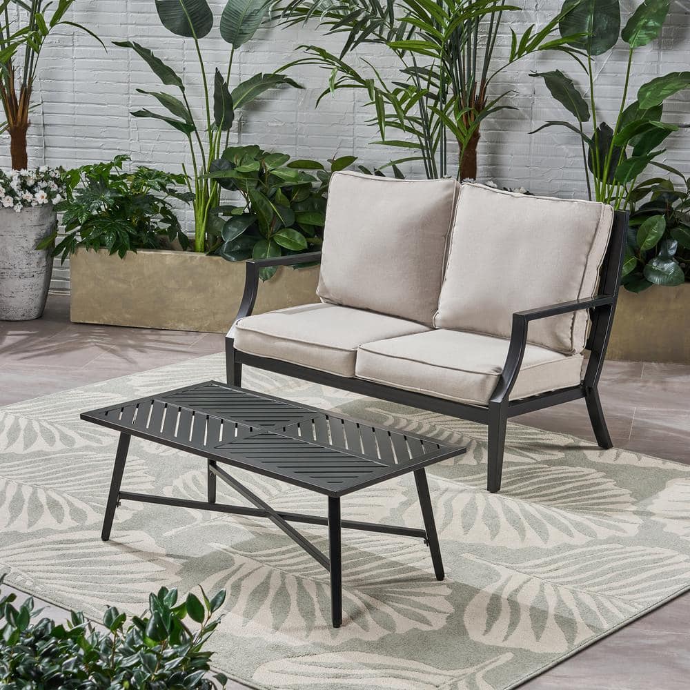 2-Piece Metal Outdoor Loveseat with Beige Cushions (Loveseat and Coffee Tab