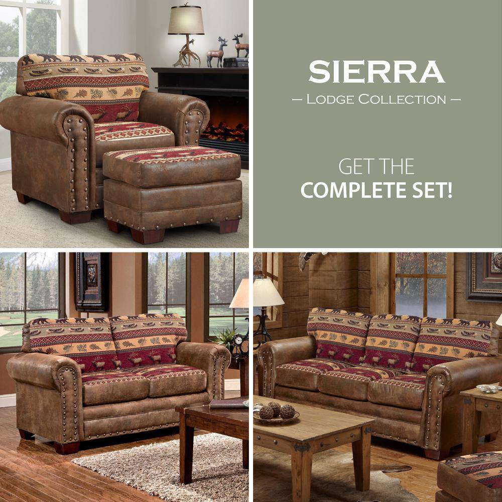 Sierra Lodge Rustic Oak Wood Accent Chair with Elk and Bear Tapestry