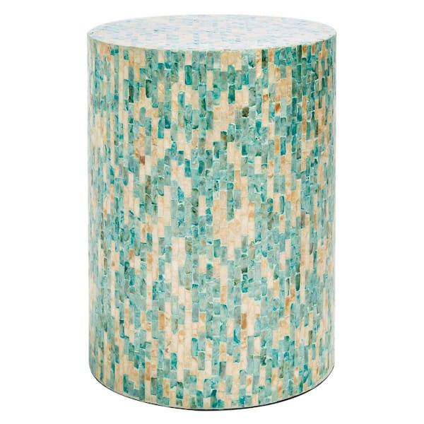 Presley 13.8 in. Teal/Beige Round Wood/Shell End Table