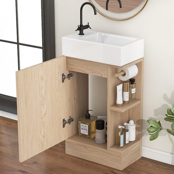 18 in. x 10 in. x 33 in. Freestanding Bathroom Vanity Cabinet in Brown with White Caremic Sink Top,Two-Tier Shelf