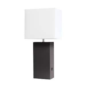 21 in. Brown Modern Leather Table Lamp with USB and White Fabric Shade