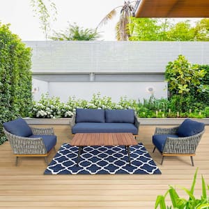 Kingston 4-Piece Woven Rope Patio Aluminum Conversation Deep Seating Set with Acrylic Spectrum Indigo Cushions