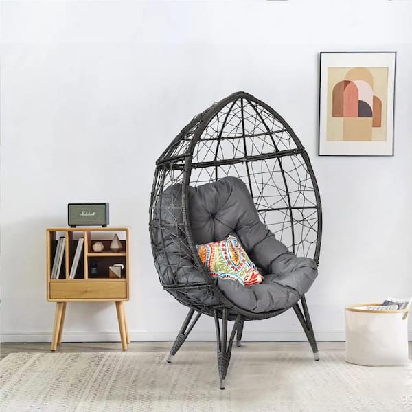 Outdoor Patio Wicker Egg Chair with Gray Cushions for Backyard
