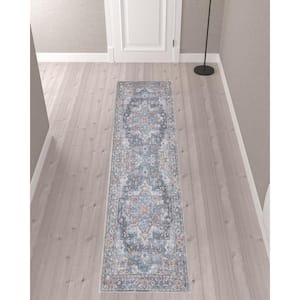 Blue 2 ft. x 10 ft. Floral Power Loom Distressed Washable Runner Rug