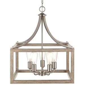 Boswell Quarter 20 in. 5-Light Brushed Nickel Farmhouse Square Pendant Chandelier with Weathered Wood Accents