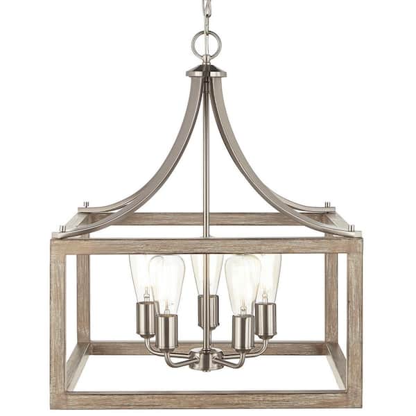 Hampton Bay Boswell Quarter 20 in. 5-Light Brushed Nickel Farmhouse Square Pendant Chandelier with Weathered Wood Accents