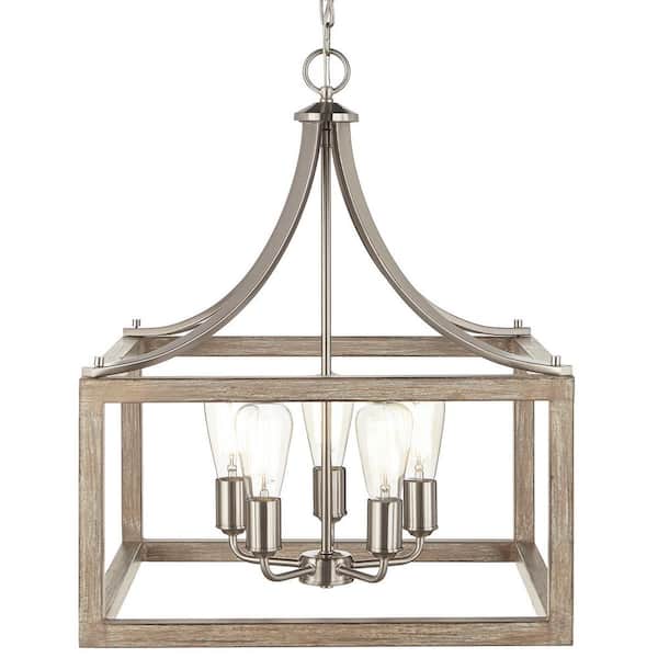 Boswell Quarter 20 in. 5-Light Brushed Nickel Farmhouse Square Pendant Chandelier with Weathered Wood Accents