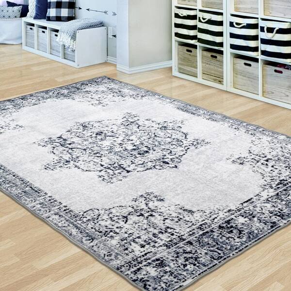 SUPERIOR Decklan Grey 5 ft. x 8 ft. Traditional Floral Nylon Non