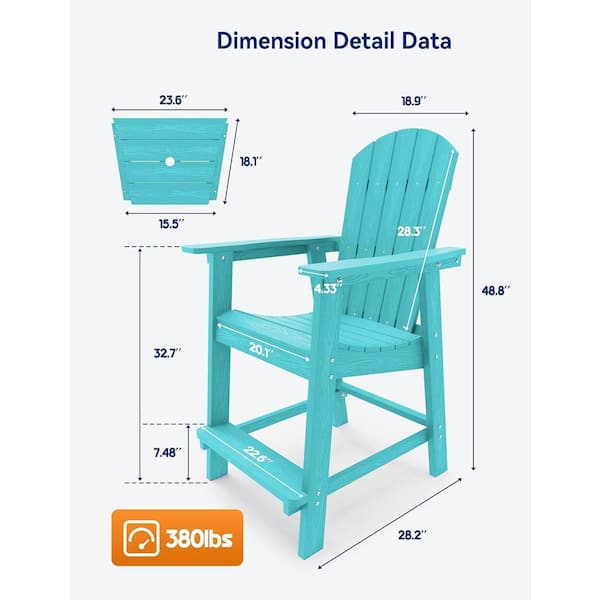 Aruba Blue Plastic Adirondack Outdoor Bar Stools with Removable Connecting Table(2-Pack)