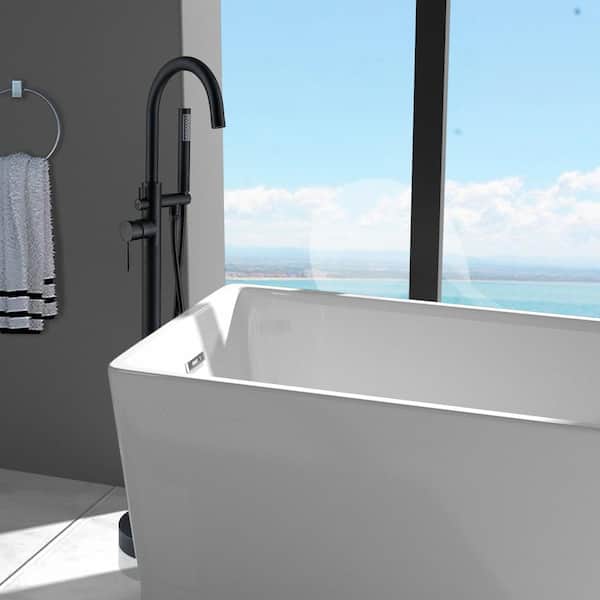 Single-Handle High Arch Floor Mount Freestanding Tub Faucet with Hand Shower in Matte Black