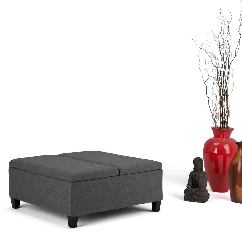 Slate Gray Linen-Look Dual Compartment Flip-Up Ottoman