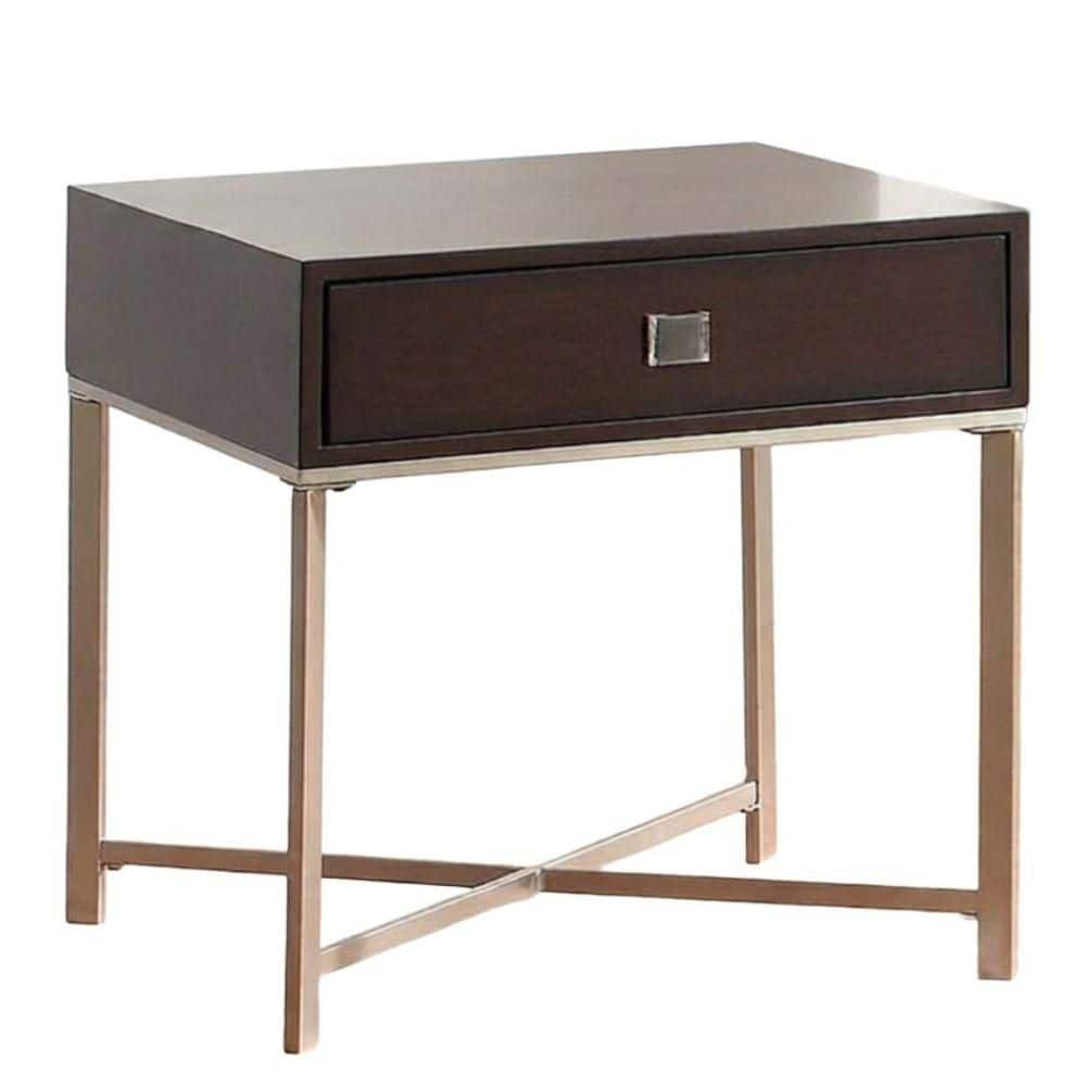 Vane 23.5 in. Espresso Square Wood End Table with Chrome Cross Base and Drawer