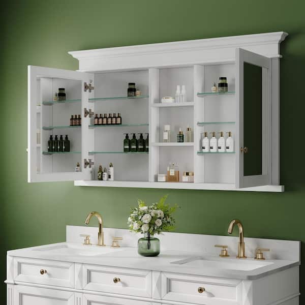 55 in. W x 32 in. H Rectangular White Solid Wood Framed Recessed Mount Soft Close Door Medicine Cabinet with Mirror