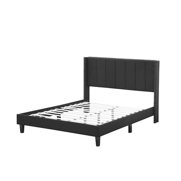 Tidoin 83.5 in. W Black Wood Frame Platform Bed with Fabric Headboard