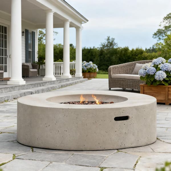 39 in. 50,000 BTU Round Concrete Propane Fire Pit in Light Gray