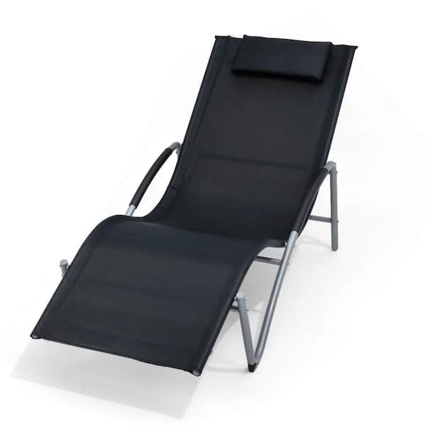 Pellebant One Pack Leisure Patio Metal Outdoor Lounge Chair in Black with Headrest