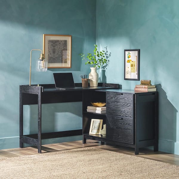 Walker Edison Furniture Company Holmes 50 in. L Shaped Black Warp-Resistant MDF Reversible Desk with Drawer Storage