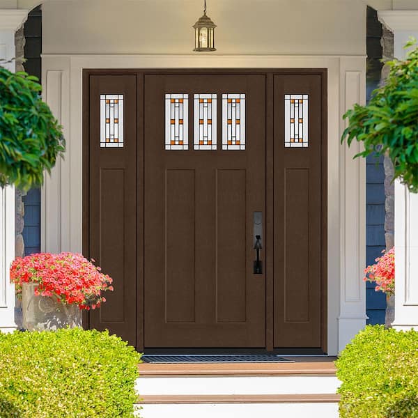 Regency 64 in. x 80 in. 3Lite Amberton Deco Glass LHIS Hickory Stain Fir Fiberglass Prehung Front Door w/Dbl 12in.SL