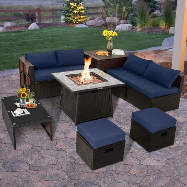 Kadehome Brown 9-Piece Patio PE Wicker Sectional Set with 50000 BTU Fire Pit Table and Navy Cushions