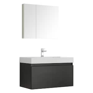 Mezzo 36 in. Vanity in Black with Acrylic Vanity Top in White with White Basin and Mirrored Medicine Cabinet