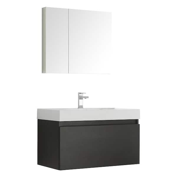 Fresca Mezzo 36 in. Vanity in Black with Acrylic Vanity Top in White with White Basin and Mirrored Medicine Cabinet