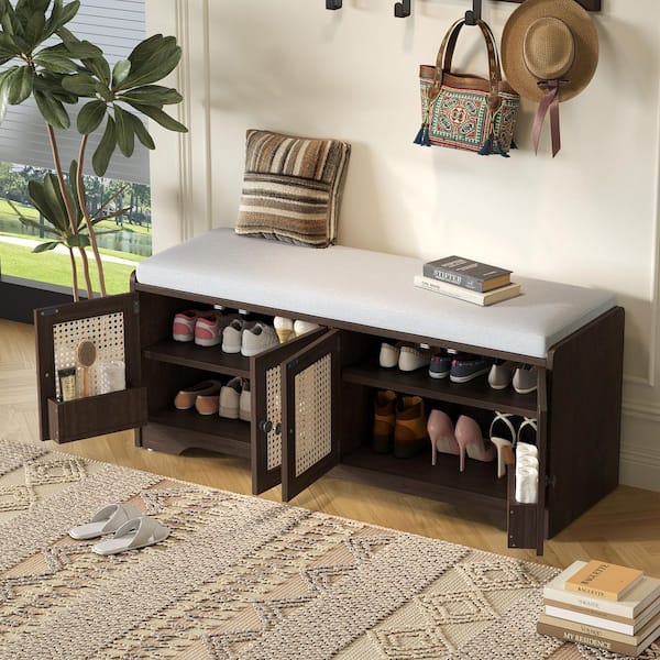 Harper & Bright Designs Espresso Storage Bench with Removable Beige ...
