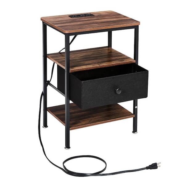 End Table with Charging Station, USB Ports, Fabric Drawer & Open Shelf – Brown Nightstand for Bedroom & Living Room
