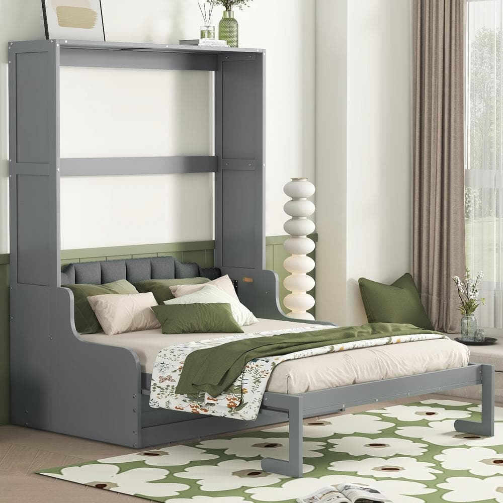 Harper & Bright Designs Gray Wood Frame Queen Size Murphy Bed, Wall Bed ...