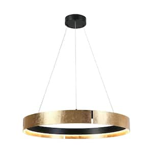 Modern 1-Light Round Integrated LED Chandeliers with Gold Foil Accent, Flat Black Pendant Light for Living Room