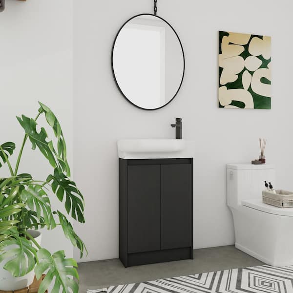 Modern 22.8 in. W x 12.4 in. D x 35.1 in. H Single Sink Freestanding Bath Vanity in Black with White Ceramic Top