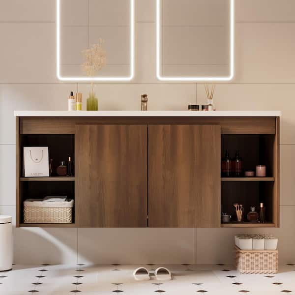 Deep Wood Grain 48 in. Single Sink Floating Bath Vanity with White Resin Top, 2-Soft-Closing Doors and 4-Shelves