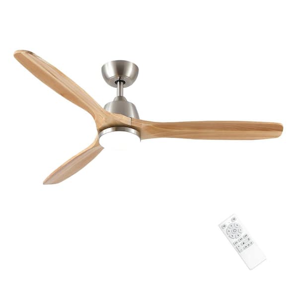 52 in. Indoor 3-Color Dimmable Integrated LED Light Remote Brushed Nickel 6-Speed Ceiling Fan with Light Brown ABS Blade