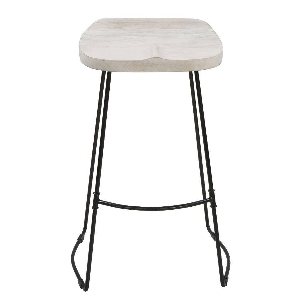 30-Inch Whitewashed Mango Wood Saddle Seat Backless Barstool with Black Metal Base