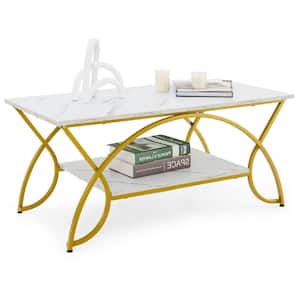 39.5 in. White Rectangle Wood 2-Tier Coffee Table Modern Marble for Living Room