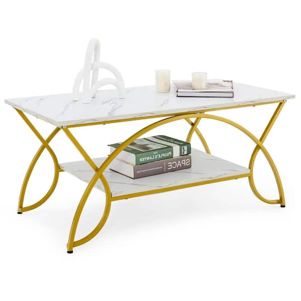 Costway 39.5 in. White Rectangle Wood 2-Tier Coffee Table Modern Marble for Living Room