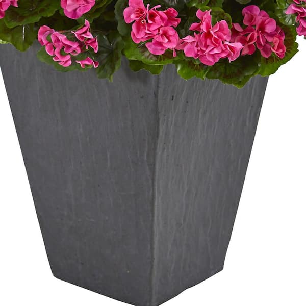 Indoor/Outdoor UV Resistant Pink Geranium Artificial Plant in Slate Plater