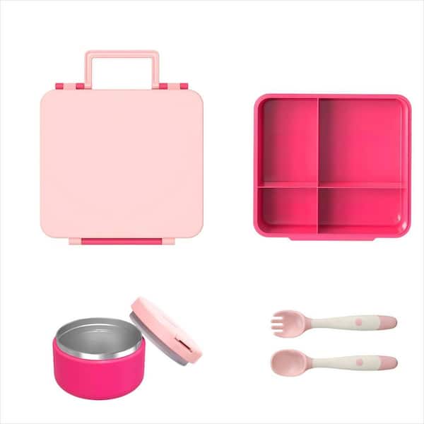 Leakproof Pink Bento Lunch Box Container with 4 Compartment and 8oz Soup Thermo Food Jar for School, Travel