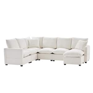 110 in. U-Shaped Chenille Modular Sectional Sofa in White with 2 Pillows