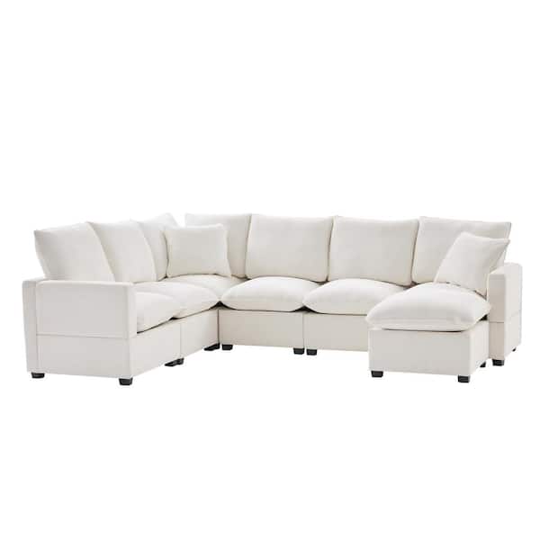 sumyeg 110 in. U-Shaped Chenille Modular Sectional Sofa in White with 2 Pillows