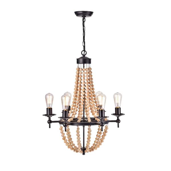 GREENVILLE SIGNATURE Sigurros 6-Light Candle Style Black Chandelier With Wood Accents for Living/Dining Room, Bedroom, with No Bulbs Included