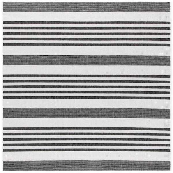Beach House Light Gray/Charcoal 7 ft. x 7 ft. Striped Indoor/Outdoor Patio  Square Area Rug